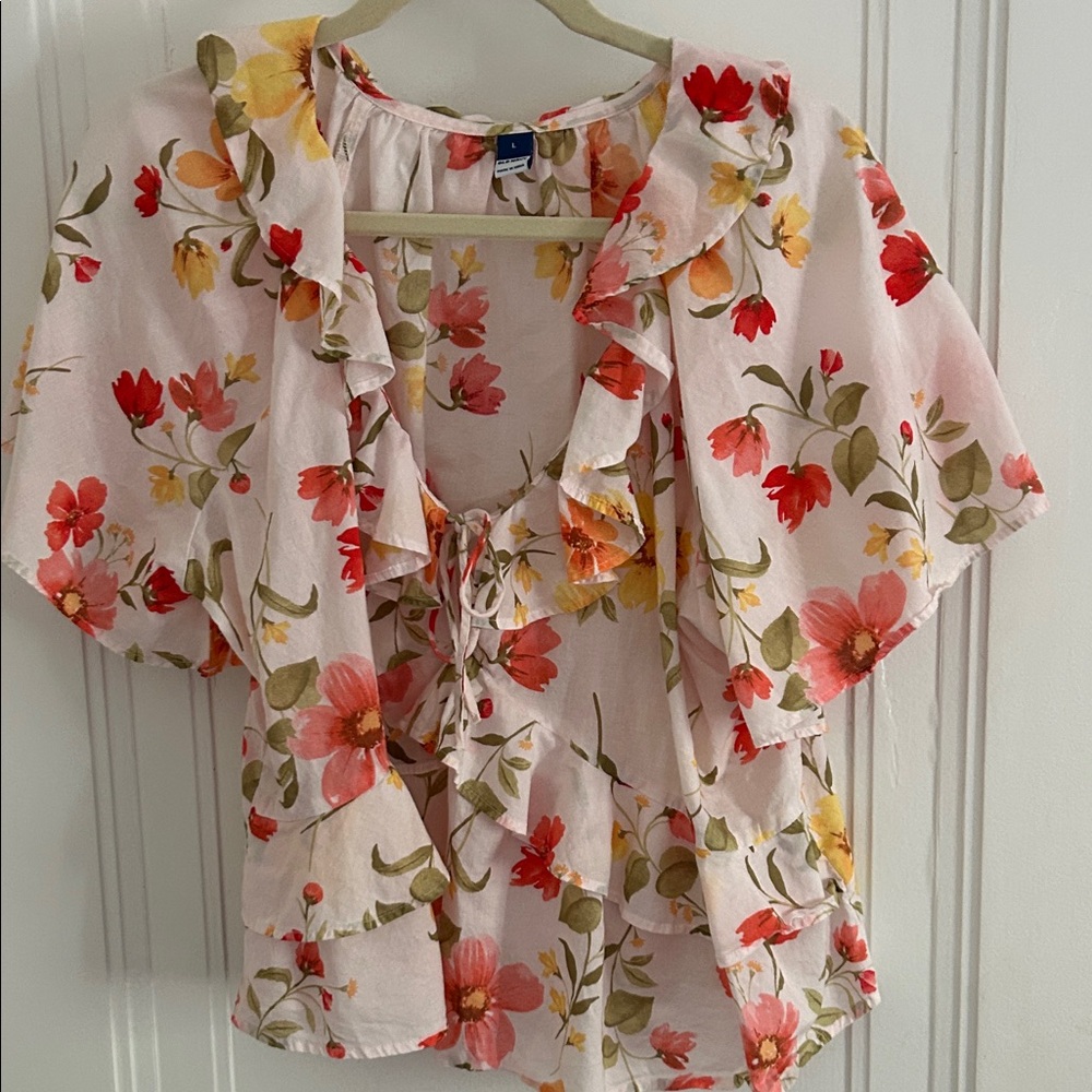 Old Navy Pink Floral Ruffle Tie-Front Blouse